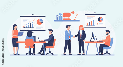 Office scene with business professionals collaborating, presenting data, and discussing work