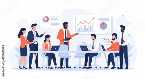 Diverse team collaborating around a table with charts, discussing business growth and strategy