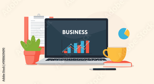 Workspace with laptop displaying charts, plant, coffee, notebook and pen