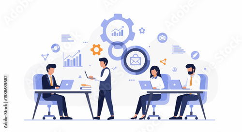 Team collaborating on projects with data charts and icons representing digital communication
