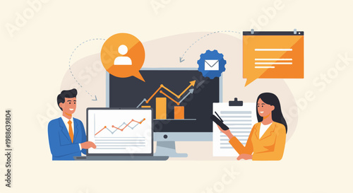 Colleagues analyze business growth charts on screens, sharing insights via digital interfaces