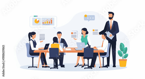 Business professionals collaborating around a table in a modern office setting