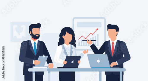 A team of three professionals in suits collaborates around a table, discussing a graph