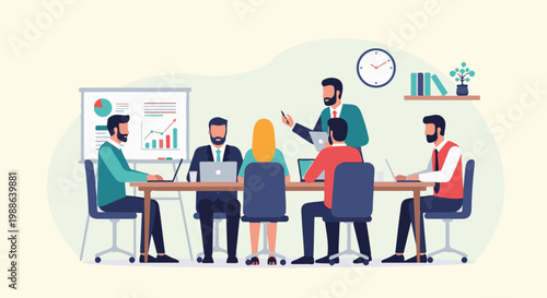 Business meeting with five people around a table discussing charts and graphs