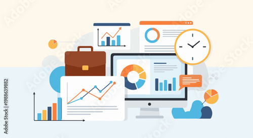 Flat illustration of business analytics with charts, graphs, a briefcase, and a clock