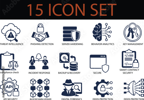 Cybersecurity and Data Protection 15 Icon Set, Professional Network Security Vector Elements, Digital Privacy and Threat Intelligence Graphics