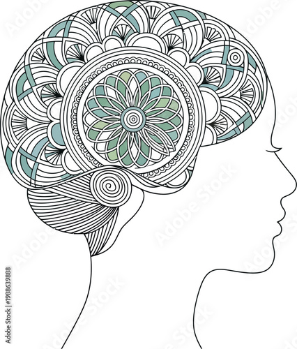 A beautifully illustrated human head with an intricate mandala pattern symbolizing mental well-being, creativity, and the complex nature of thought processes.
