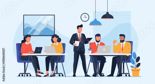 Colleagues in an office collaborate around a table, discussing charts on a monitor