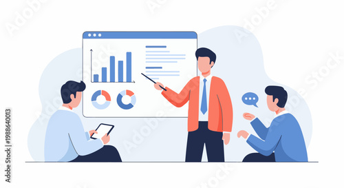 A presenter points to charts while two listeners engage in discussion