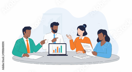 Diverse professionals collaborate around a table, discussing data on a laptop