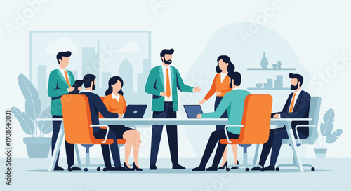 Diverse professionals collaborate in a modern office meeting room, discussing ideas