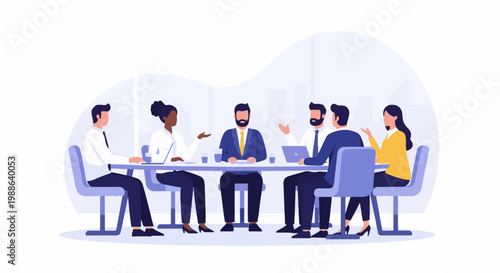 Diverse business team collaborating around a modern conference table, discussing ideas and projects