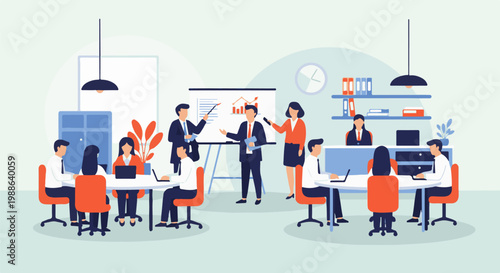 Colleagues in a modern office collaborate around tables, present data on a board, and work at computers