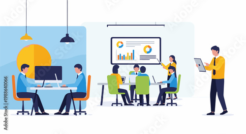 Team collaboration, data presentation, and individual work in an office setting