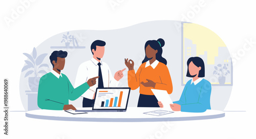 Diverse team collaborating in office, analyzing data on laptop, discussing strategy