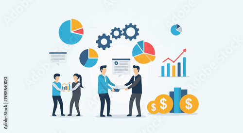 People interacting with business data and financial symbols, signifying growth and collaboration