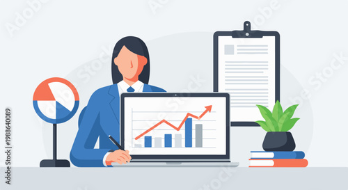 Business woman at desk reviewing financial charts and documents