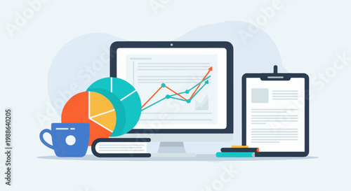 Digital analysis with charts, graphs, coffee, and books