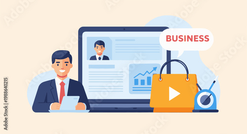 Businessman reviews data on laptop, with shopping bag and meter, near speech bubble