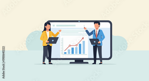 Two individuals, a woman in yellow and a man in blue, stand before a large screen displaying a rising bar and line graph, each holding a laptop