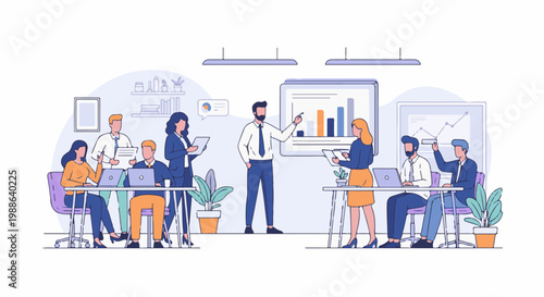 A team discusses data during a modern office meeting, showcasing charts and laptops