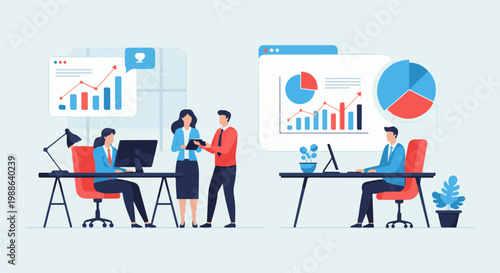 Diverse professionals collaborate on data analysis and reporting in a modern office environment