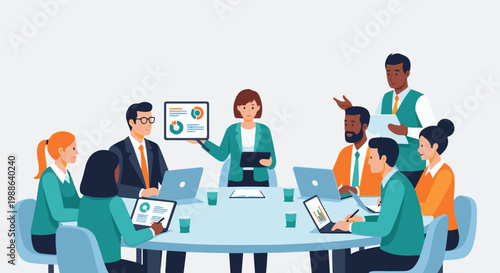 Diverse business team collaborates around a table, presenting data on screens