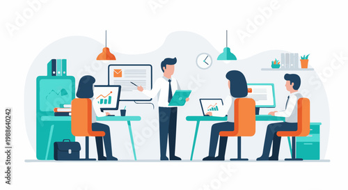 Business meeting with colleagues collaborating around desks and computers