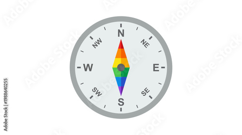 A flat vector illustration of a compass displaying the rainbow pride colors, symbolizing pride month and UI design elements