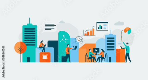 Diverse professionals collaborate amidst modern city structures and data visualization elements