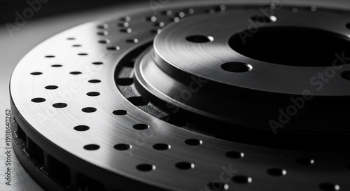 Close-up Macro Shot of a Perforated Car Brake Disc Rotor.