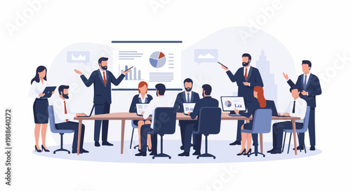 Diverse professionals in a modern meeting room, discussing charts and data on a projector