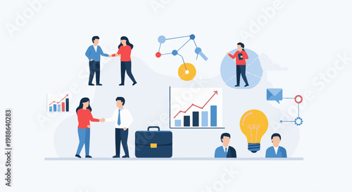 Business professionals collaborate on projects, analyze data, and generate ideas