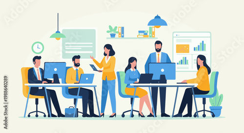 Diverse team collaborating on projects at their workstations, focused on tasks