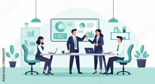 Business professionals in a modern office, collaborating around a table with charts