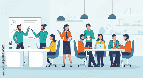 Diverse team collaborating in a modern office setting, discussing ideas and working on projects