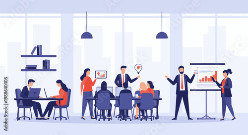 Professionals collaborate in a modern office, discussing ideas and presenting data