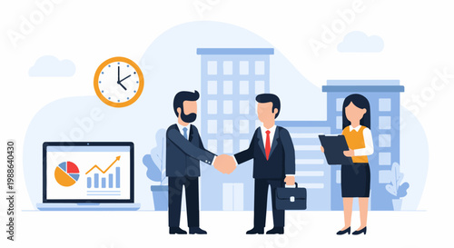 Business professionals shaking hands with city buildings, laptop, and clock in background