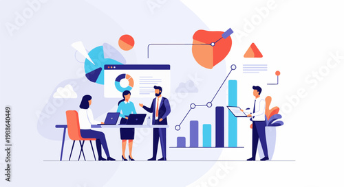 Diverse team collaborates on business growth, analyzing charts and data