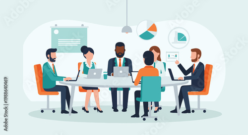 Diverse professionals collaborate around a table with laptops and charts during a meeting