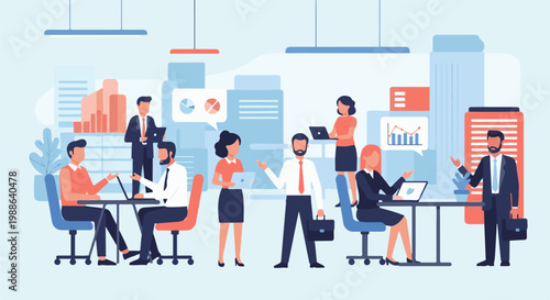 Diverse professionals collaborate in a modern office space, discussing data and projects with laptops and charts