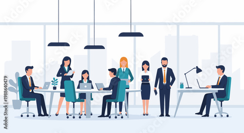 Diverse team collaborates in a modern office environment with large windows