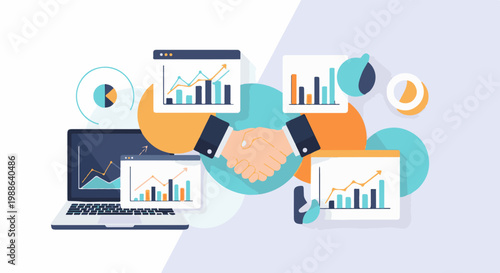 Business partners shake hands amidst data charts and graphs displayed on screens