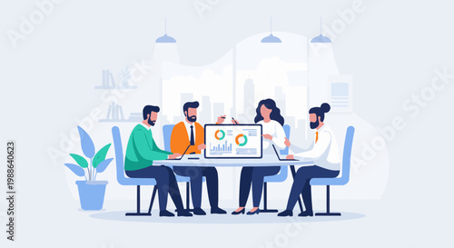 Diverse team collaborates on data analysis and strategic planning around a central table