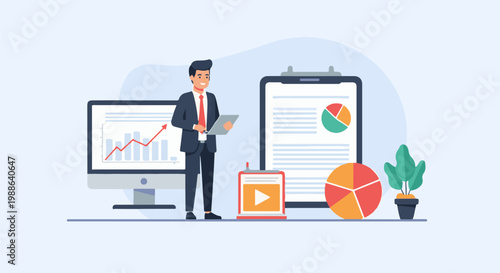 Businessman analyzing growth charts and data on computer and clipboard, with pie chart