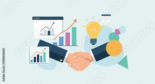 Two hands shake in agreement, a bright idea bulb and growth charts symbolize business success and innovation