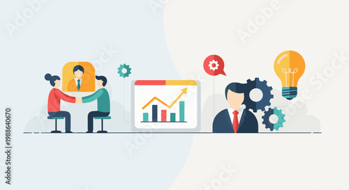 Flat illustration of business growth with handshake, chart, gears, and idea bulb