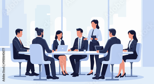 Colleagues in formal attire gather around a table in a modern office setting for a meeting