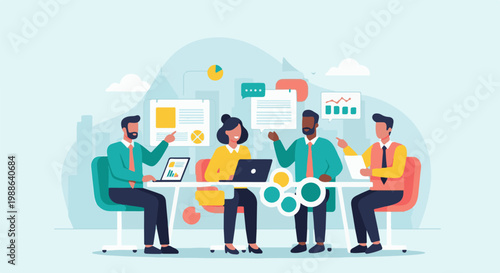 Four diverse people in a modern office setting collaborate around a desk with laptops and charts