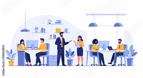 Diverse professionals collaborate in a bright, modern office setting, working at computers and discussing tasks